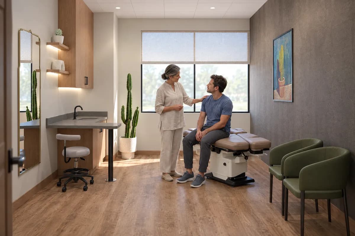 An acupuncturist talking a patient through a treatment at the edge of the flat table in a suite at Alta Medical