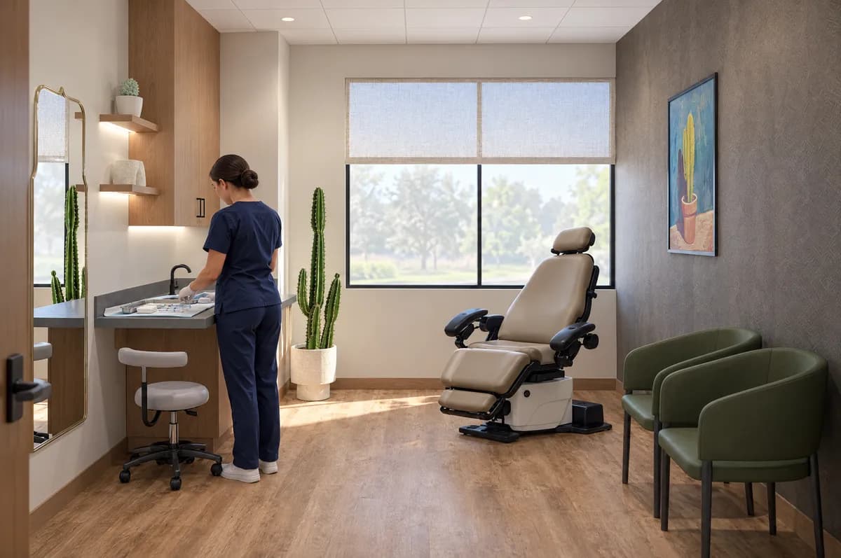 A nurse injector setting up a tray at the counter of a treatment suite at Alta Medical