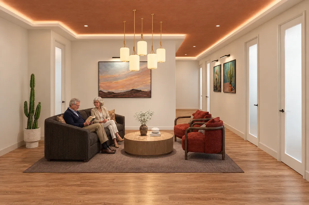 A couple waiting together on the sofa in the Salon at Alta Medical