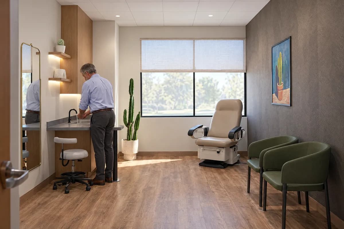 A practitioner washing his hands at the sink of a treatment suite at Alta Medical, the procedure chair by the window