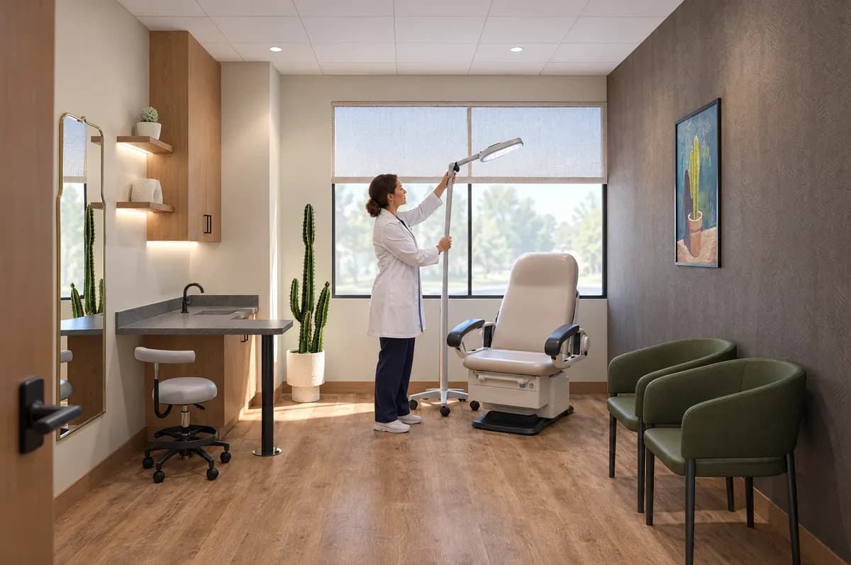 A dermatologist angling a procedure light over the empty procedure chair in a treatment suite at Alta Medical