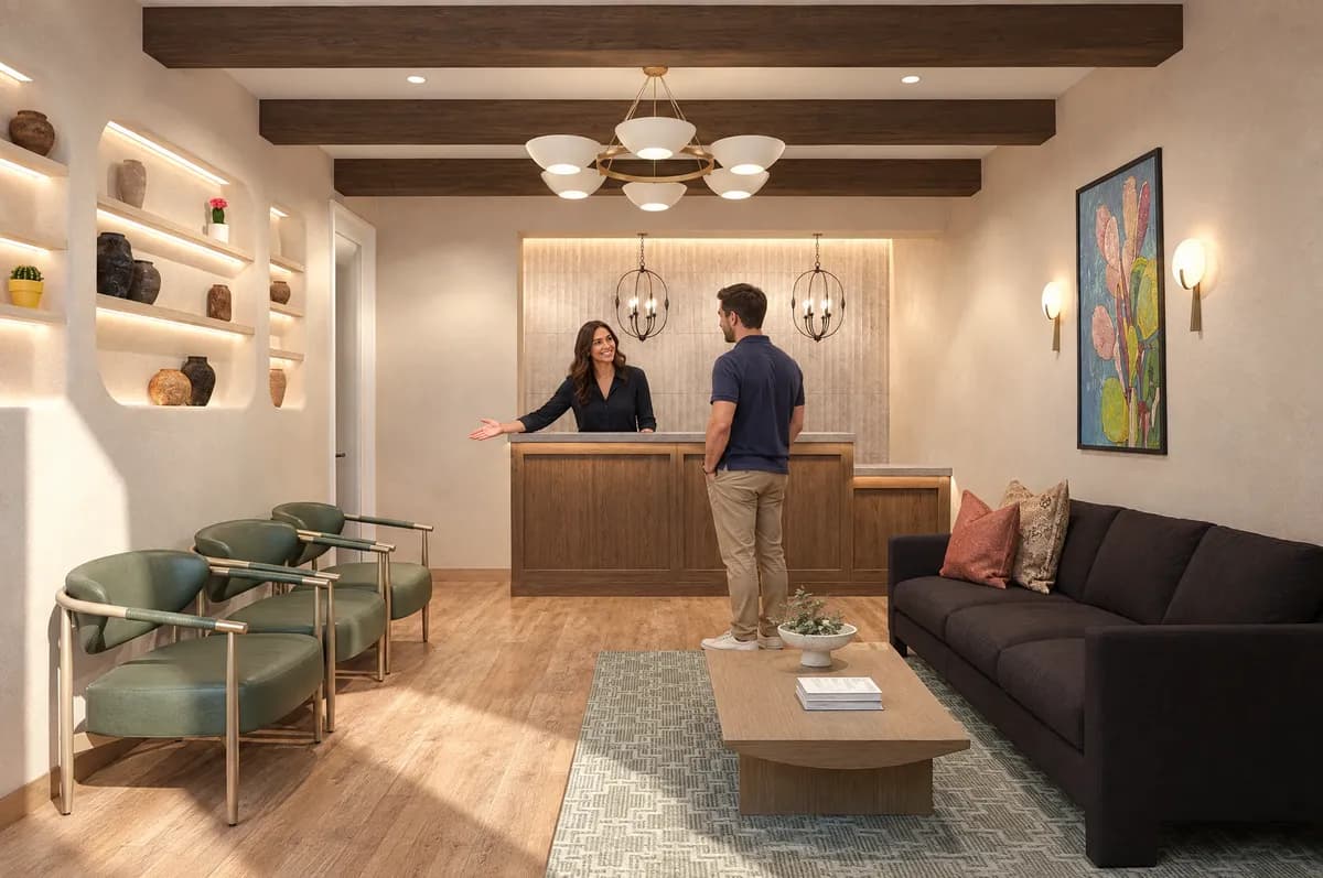 The front desk host inviting a patient to take a seat in the Alta Medical reception