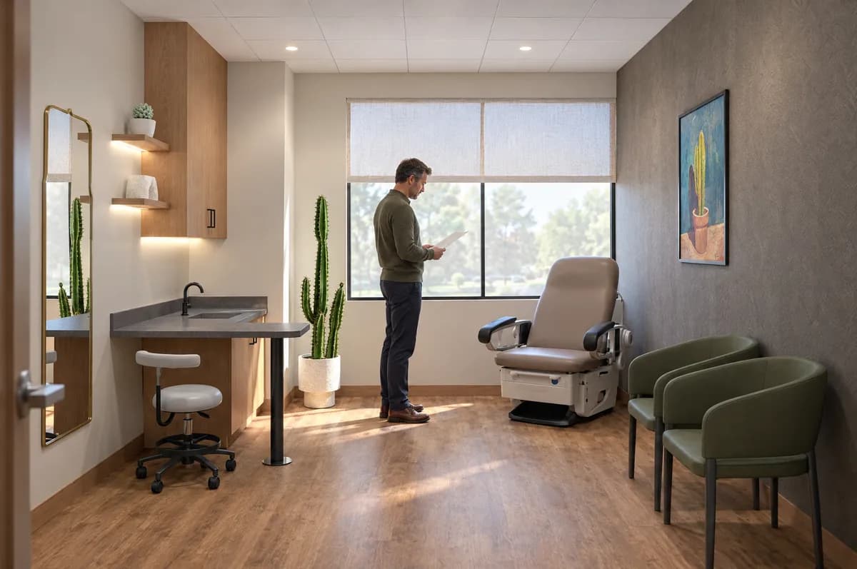 A practitioner reading a chart by the window of a treatment suite at Alta Medical
