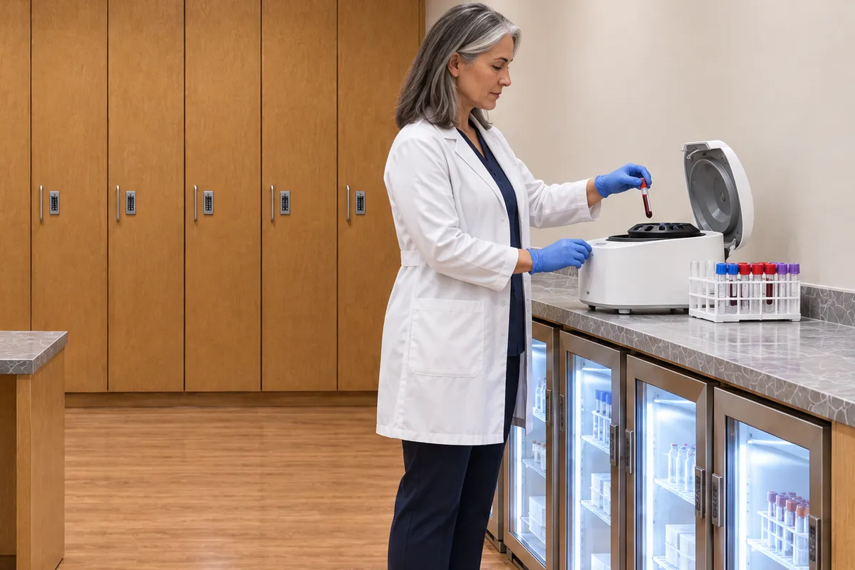 A physician loading a blood tube into the centrifuge in the providers room at Alta Medical, refrigerators below and lockers behind
