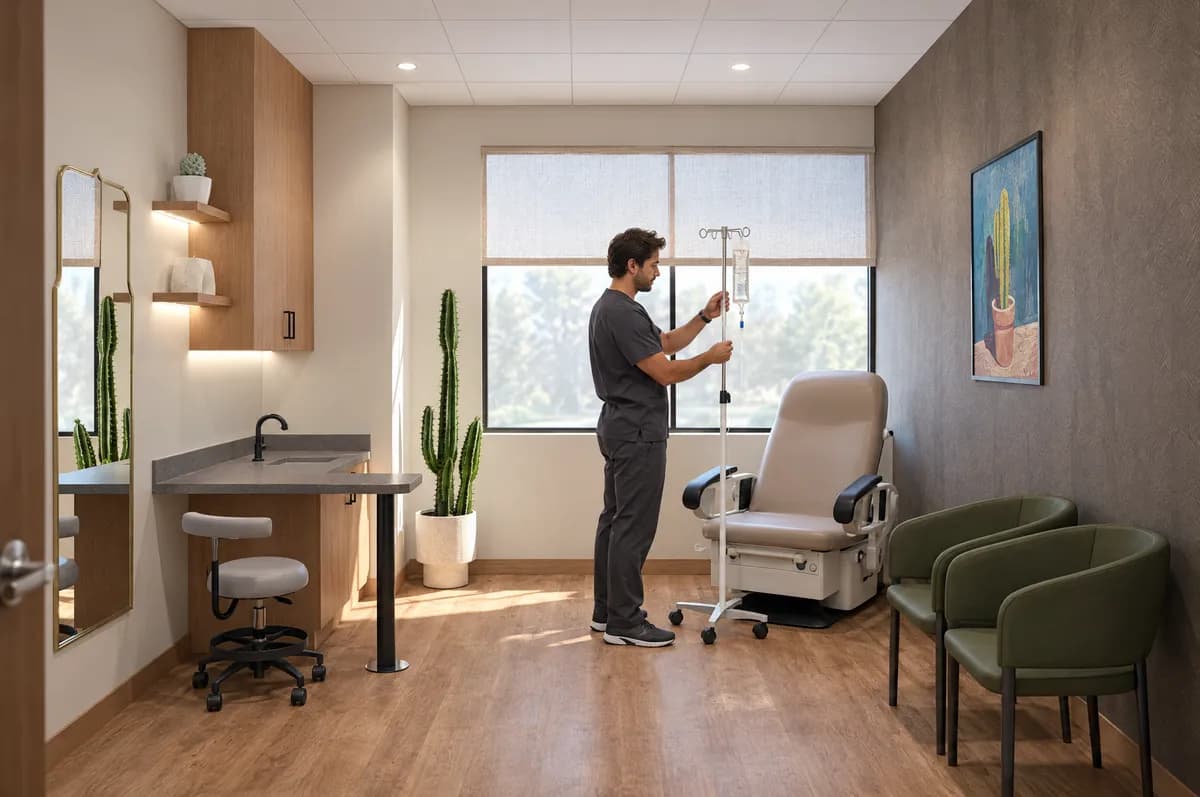 A nurse hanging a fluid bag on an IV pole beside the empty procedure chair in a treatment suite at Alta Medical