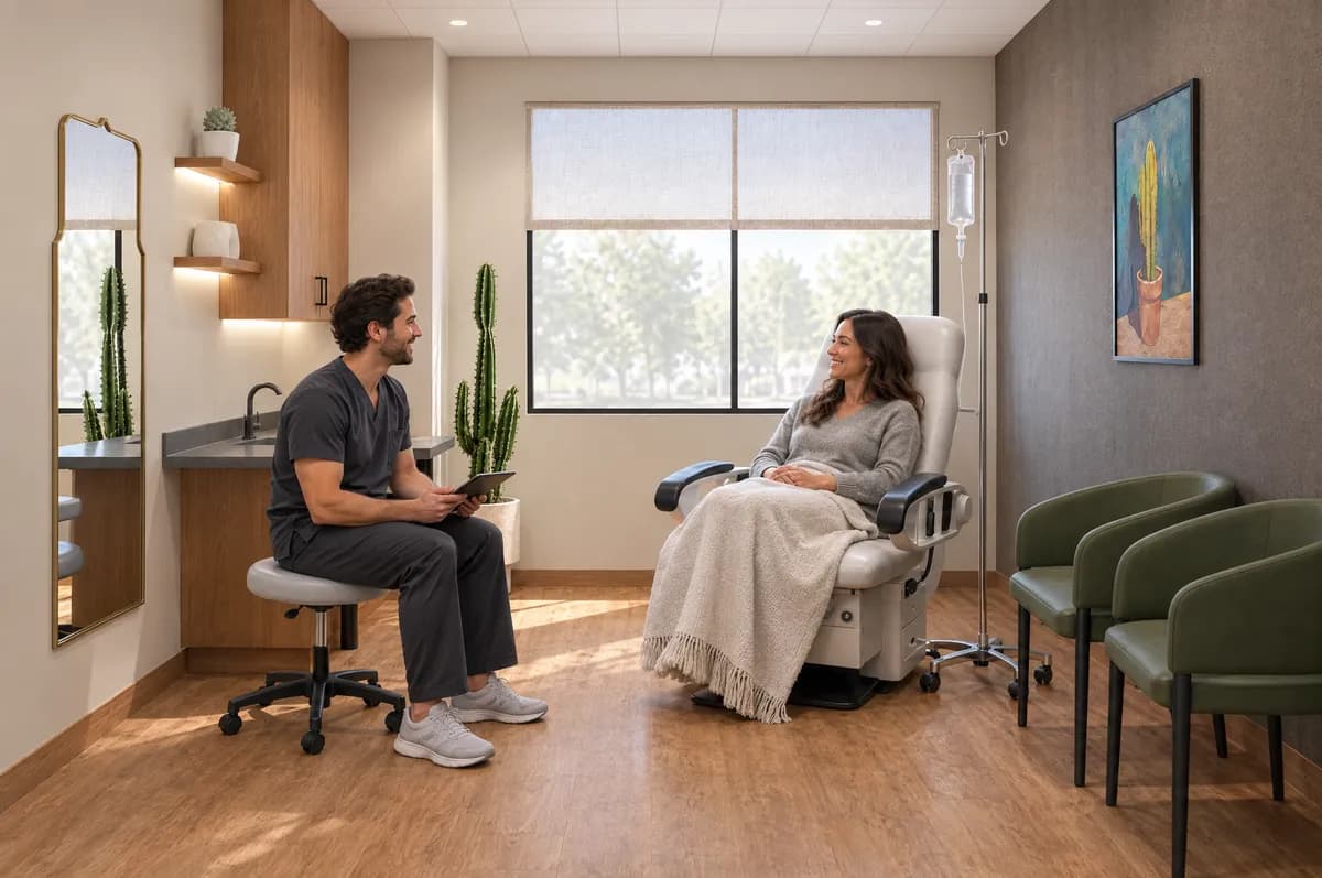 A nurse and a patient talking through an intake beside the IV pole in a treatment suite at Alta Medical