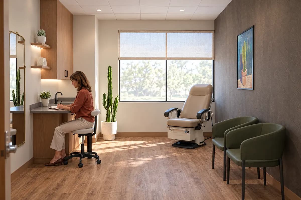 A naturopathic doctor writing notes at the counter of a treatment suite at Alta Medical
