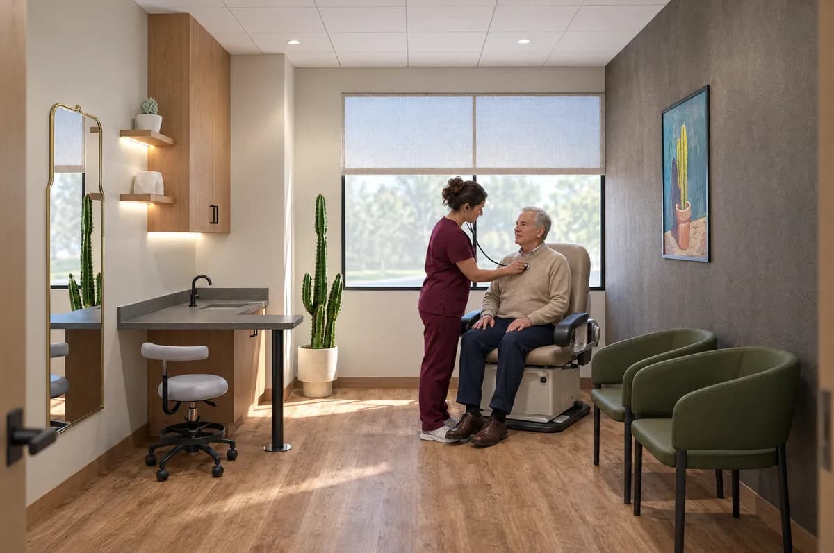 A nurse practitioner listening to a patient's chest in a treatment suite at Alta Medical