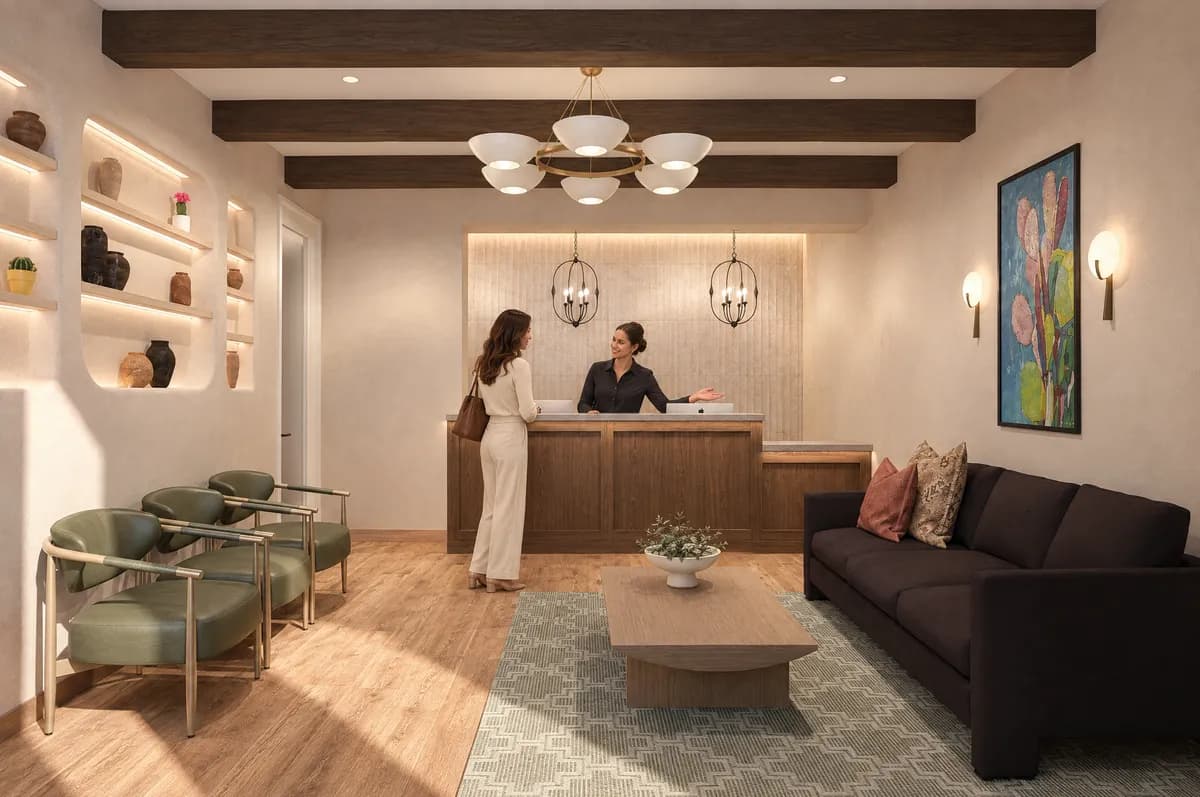 A patient arriving at the Alta Medical reception desk, greeted by the front desk host