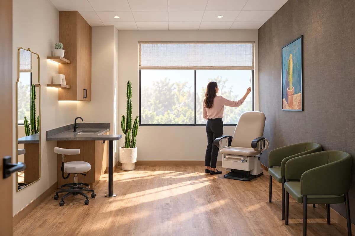 A nurse practitioner raising the window shade in a treatment suite at Alta Medical