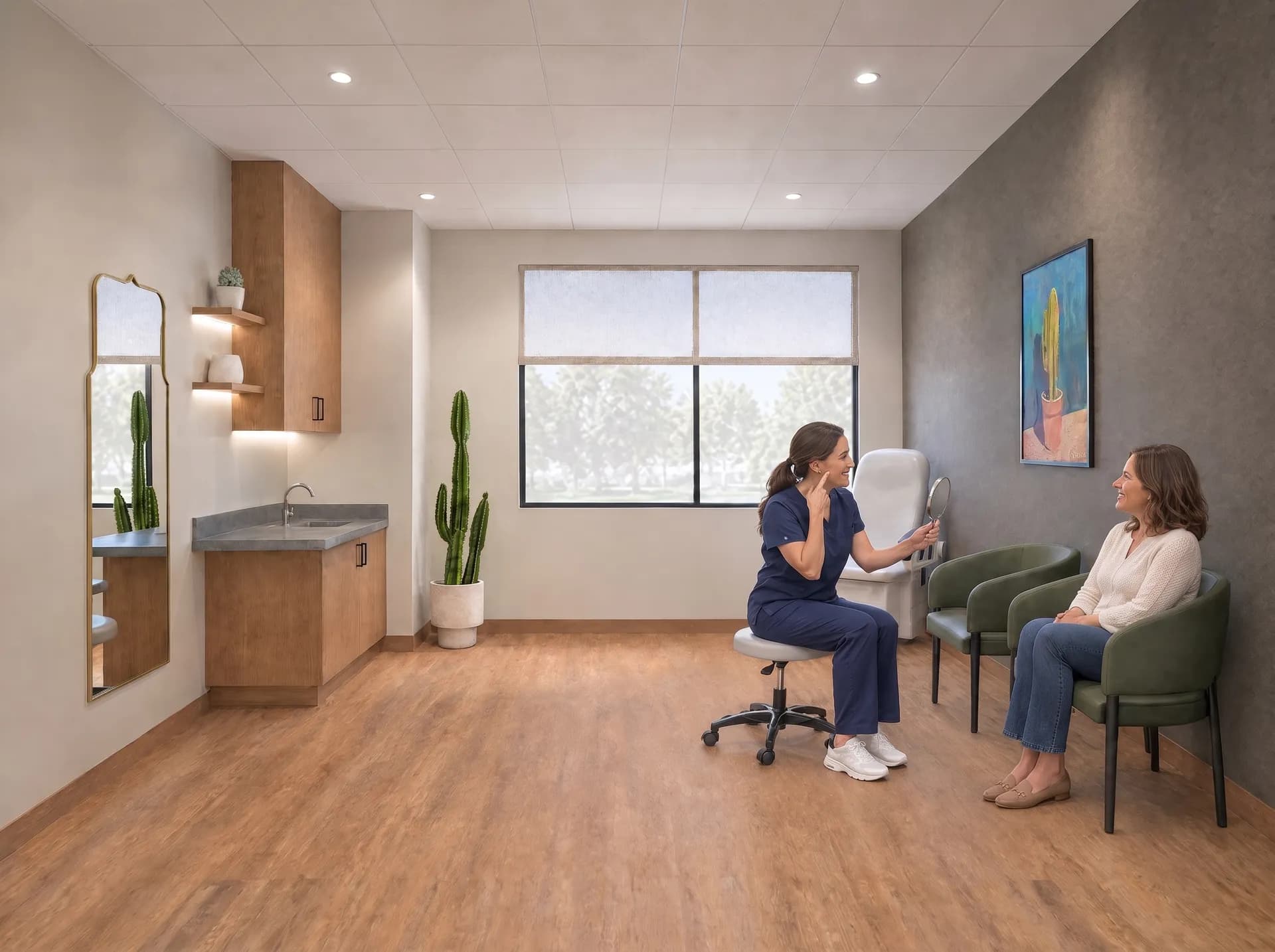 A nurse injector on a rolling stool holding up a hand mirror for a patient seated in a green armchair in a treatment suite at Alta Medical