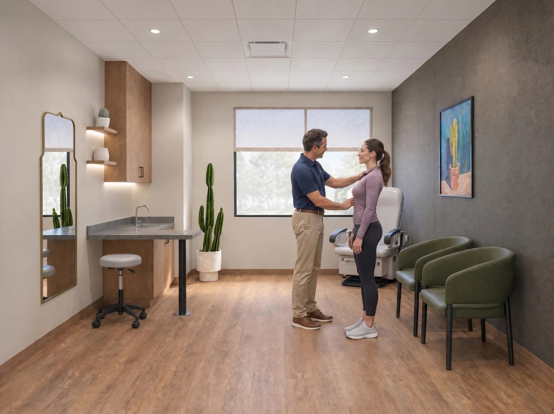 A chiropractor checking a patient's posture in a treatment suite at Alta Medical