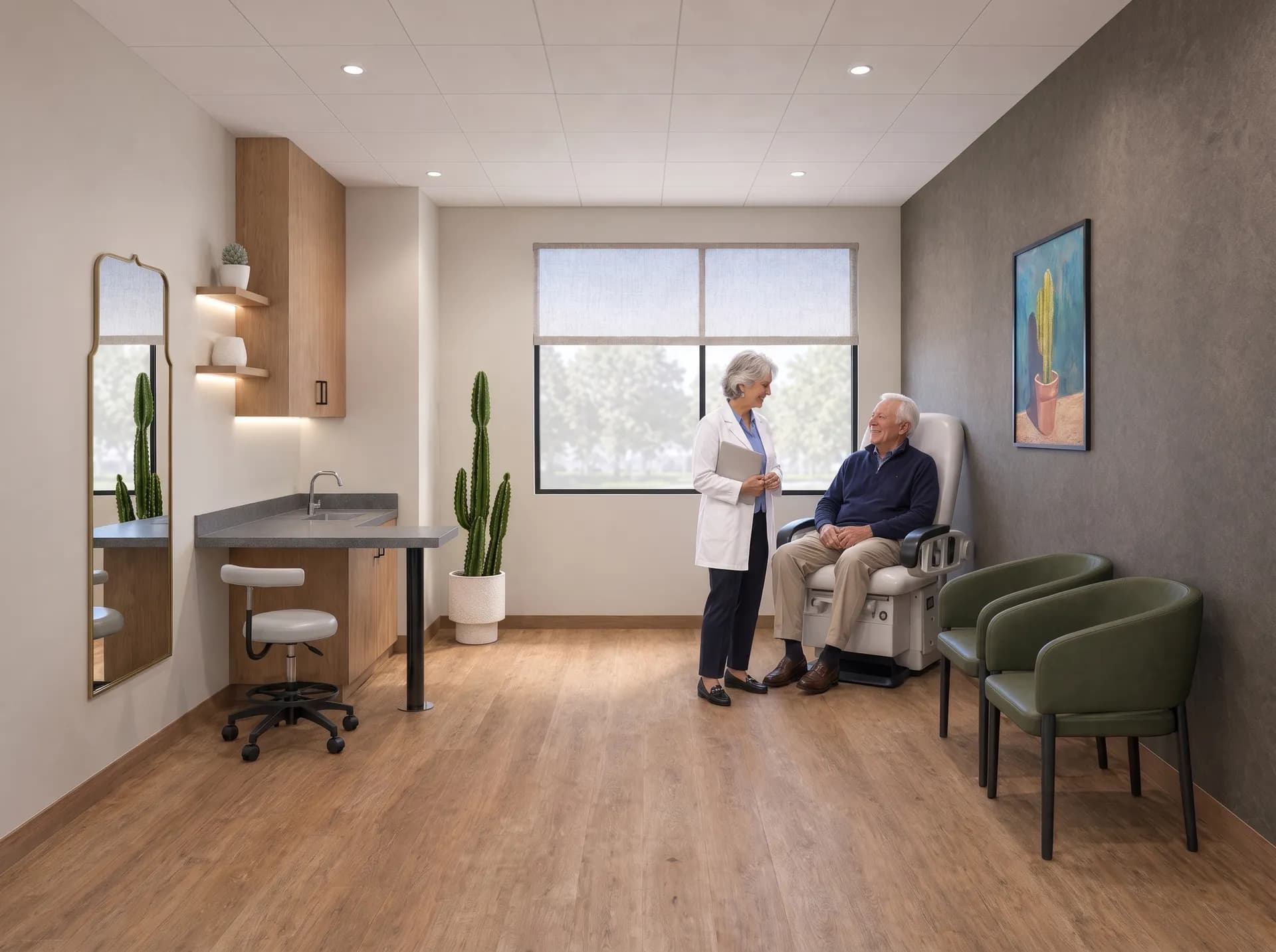 A physician and a patient in a long, easy conversation in a treatment suite at Alta Medical