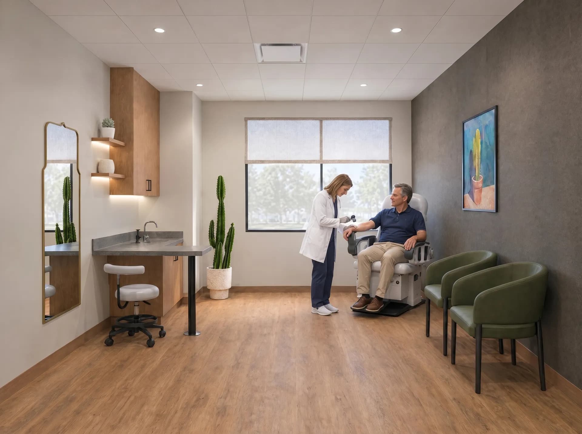 A dermatologist checking a patient's forearm with a dermatoscope in a treatment suite at Alta Medical