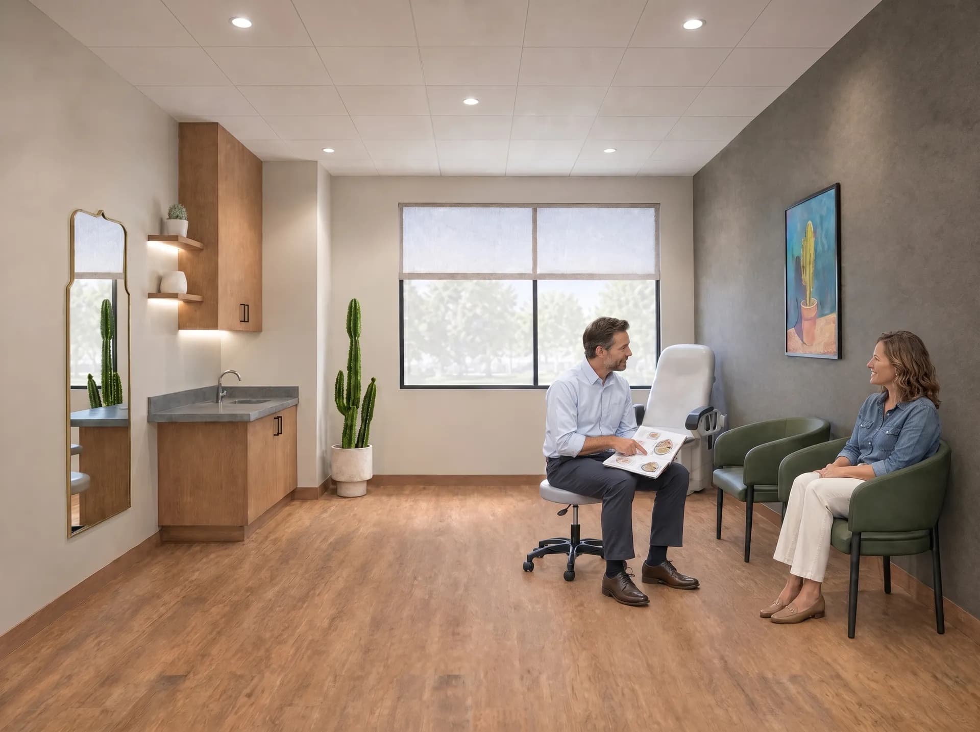 A functional medicine practitioner and a patient going through a food journal in a treatment suite at Alta Medical