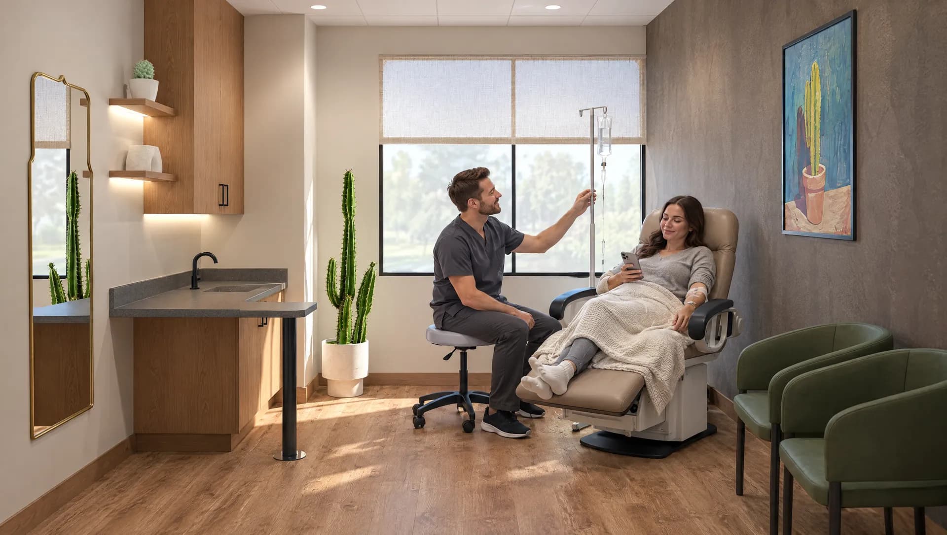 A nurse checking an IV drip beside a patient reclined in the procedure chair in a treatment suite at Alta Medical