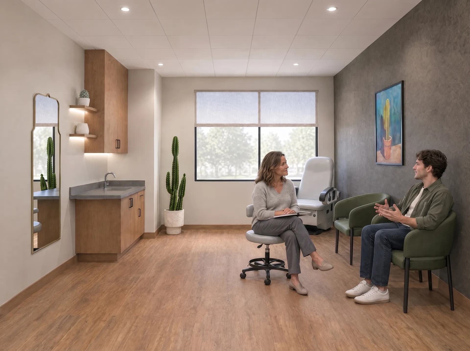 A therapist on a rolling stool listening to a client in a green armchair in a suite at Alta Medical