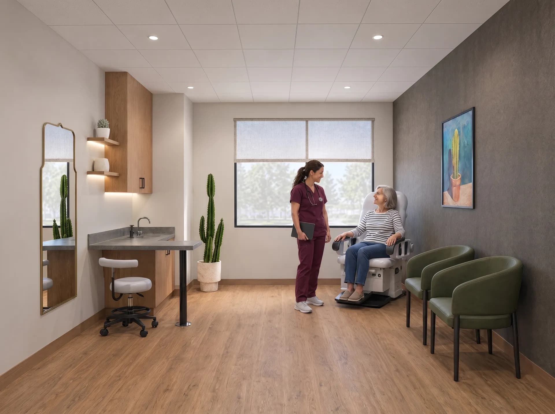 A nurse practitioner talking with a patient seated in the procedure chair of a treatment suite at Alta Medical