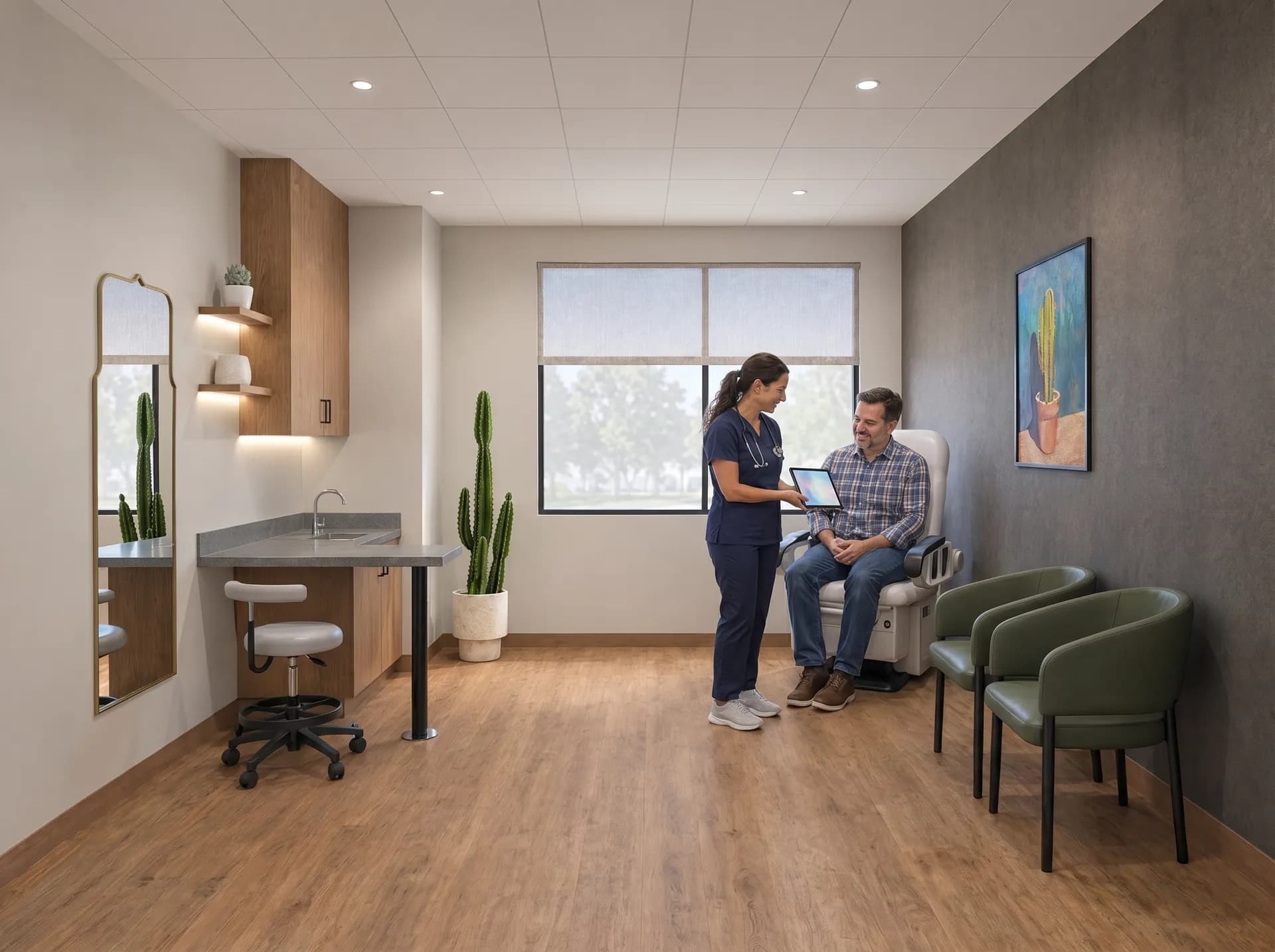 A nurse practitioner showing a patient his progress on a tablet in a treatment suite at Alta Medical