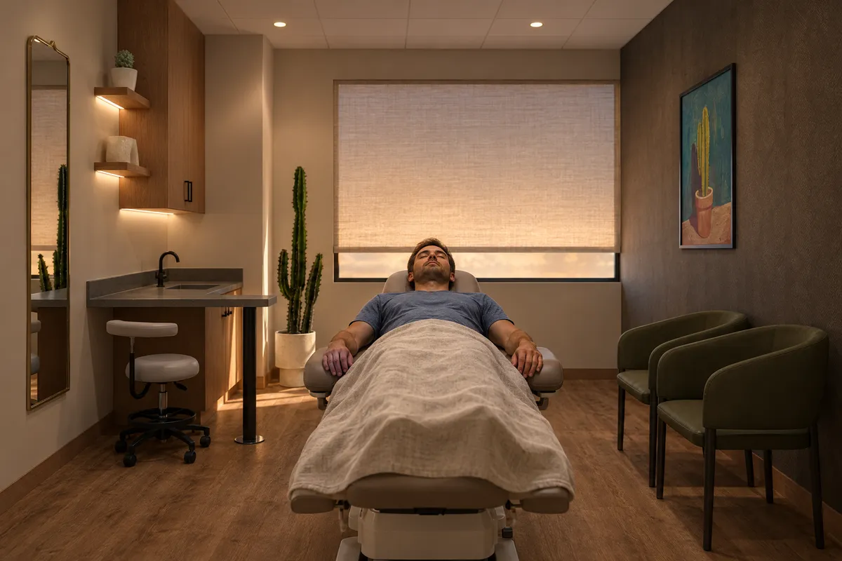 A patient resting under a blanket on the flat treatment table in a dim, quiet suite at Alta Medical