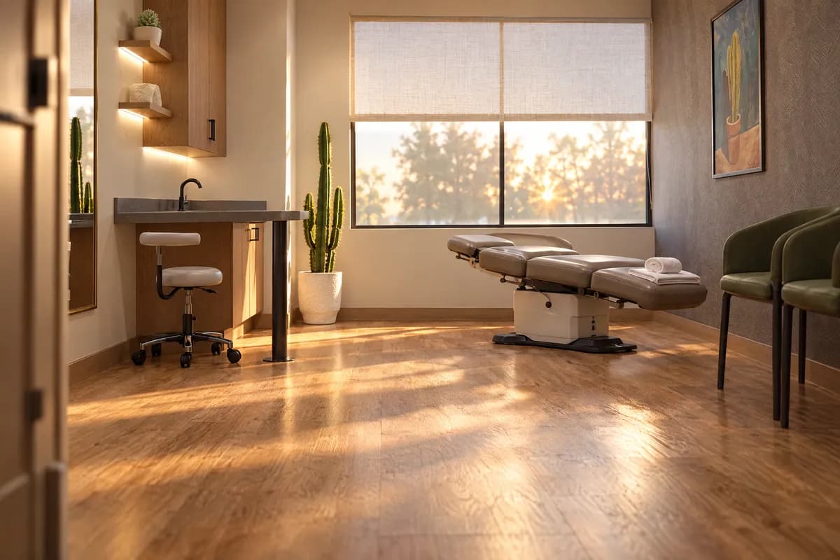 Late afternoon light across the honey oak floor of a treatment suite at Alta Medical, the table made up with linen