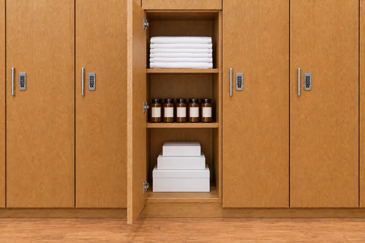 An open keypad locker in the providers room at Alta Medical holding folded linens, amber jars and white boxes