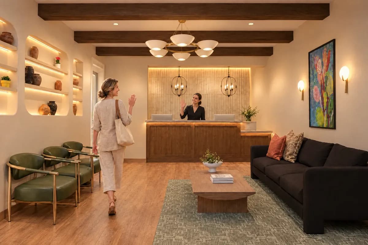 A patient waving back to the front desk host as she walks into the Alta Medical reception