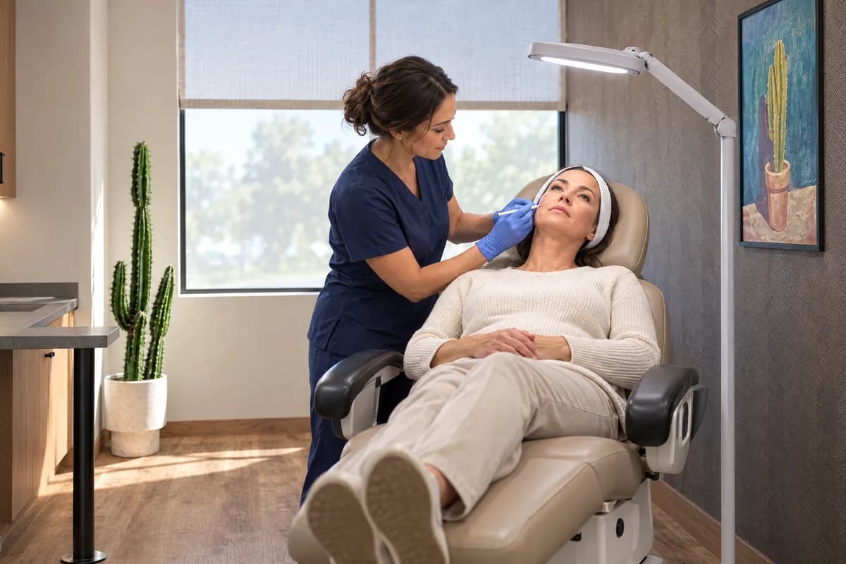 A nurse injector marking a patient's cheek under a procedure light in a treatment suite at Alta Medical