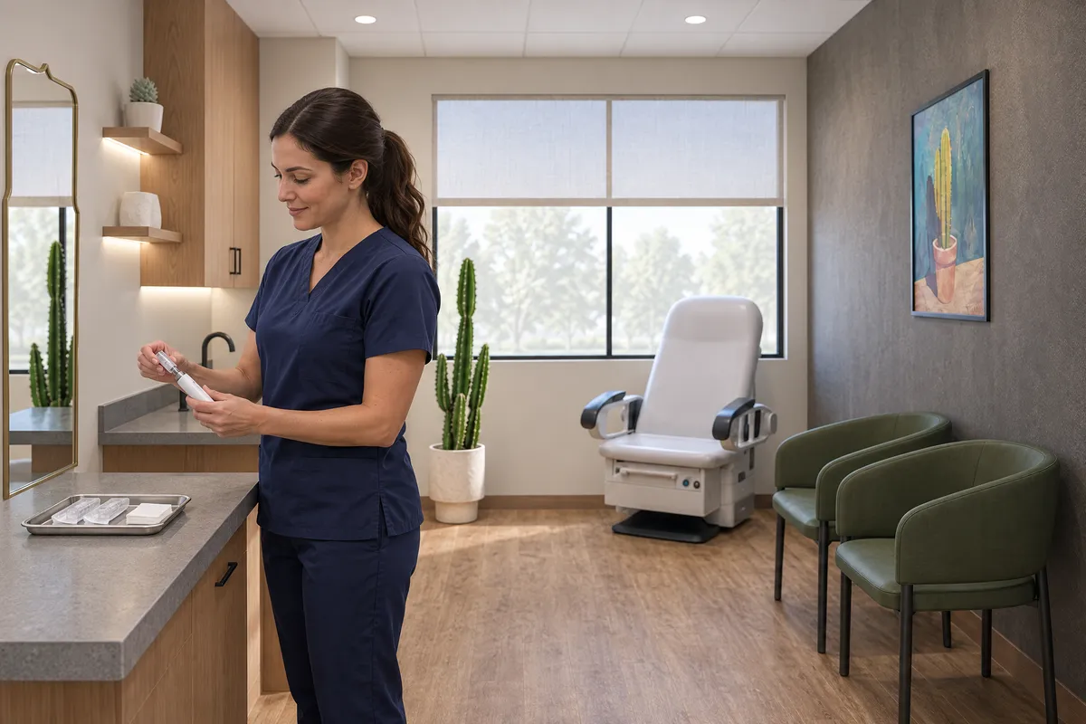 A nurse injector readying a cordless microneedling pen at the counter of a treatment suite at Alta Medical