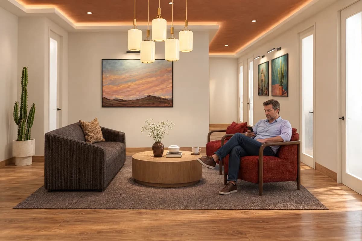 A man waiting in an armchair with a coffee in the Salon at Alta Medical