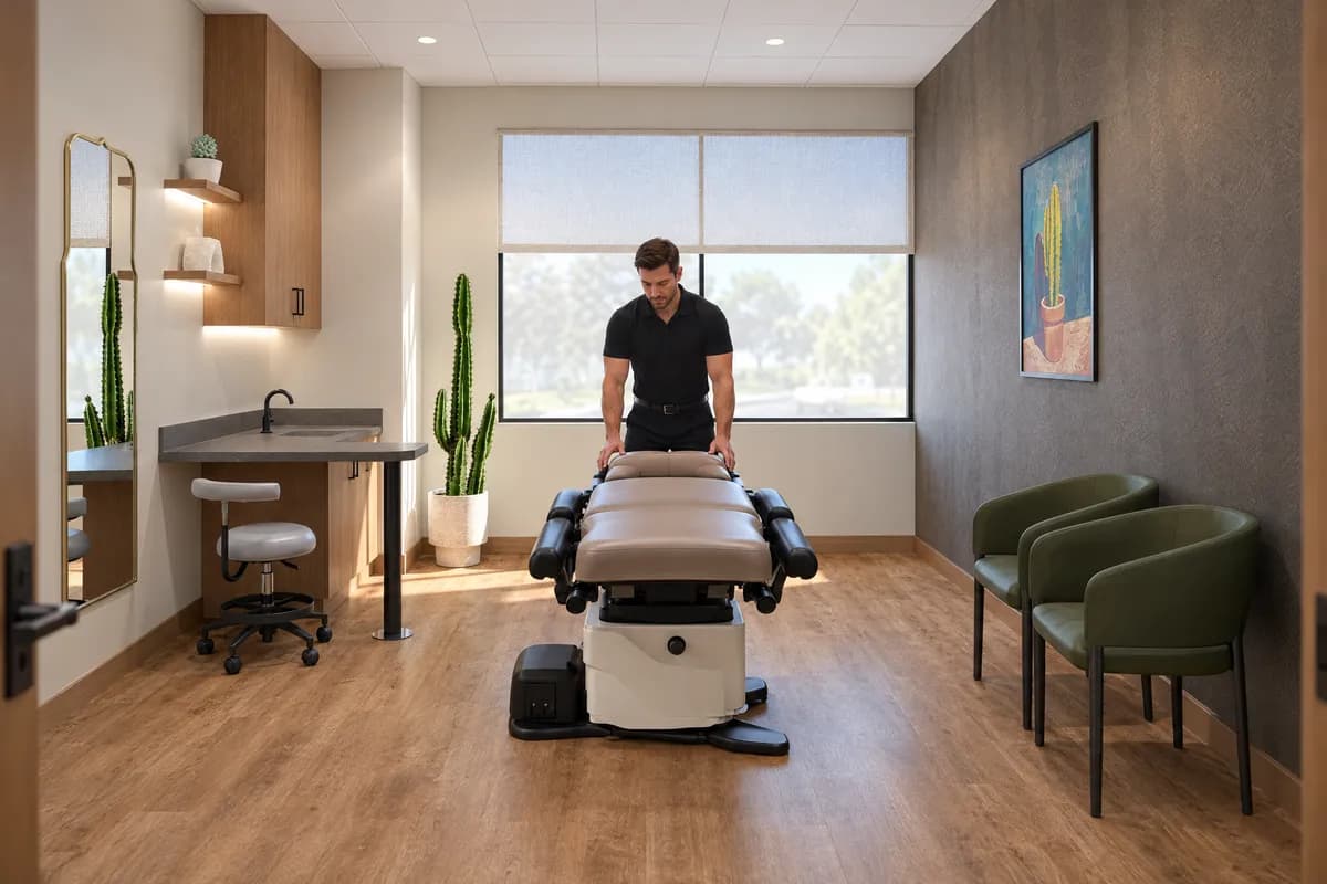 A chiropractor standing at the head of the procedure chair laid flat as a table, open floor around it, in a suite at Alta Medical