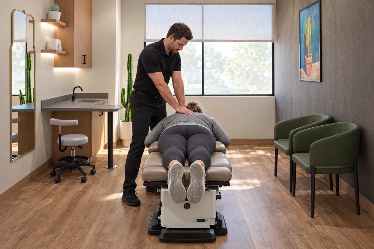 A chiropractor adjusting a patient lying face down on the flat table in daylight in a suite at Alta Medical