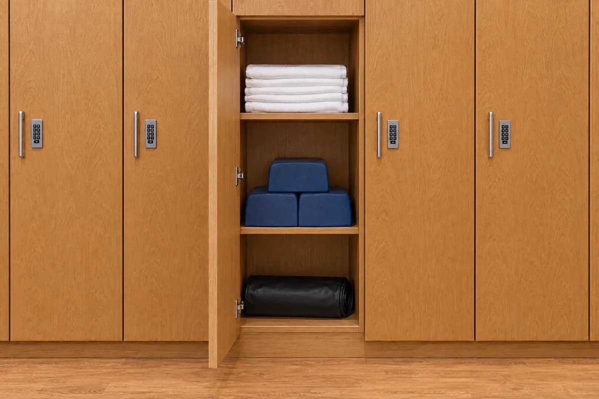An open keypad locker in the providers room at Alta Medical holding folded linens, foam blocks and a rolled table cover