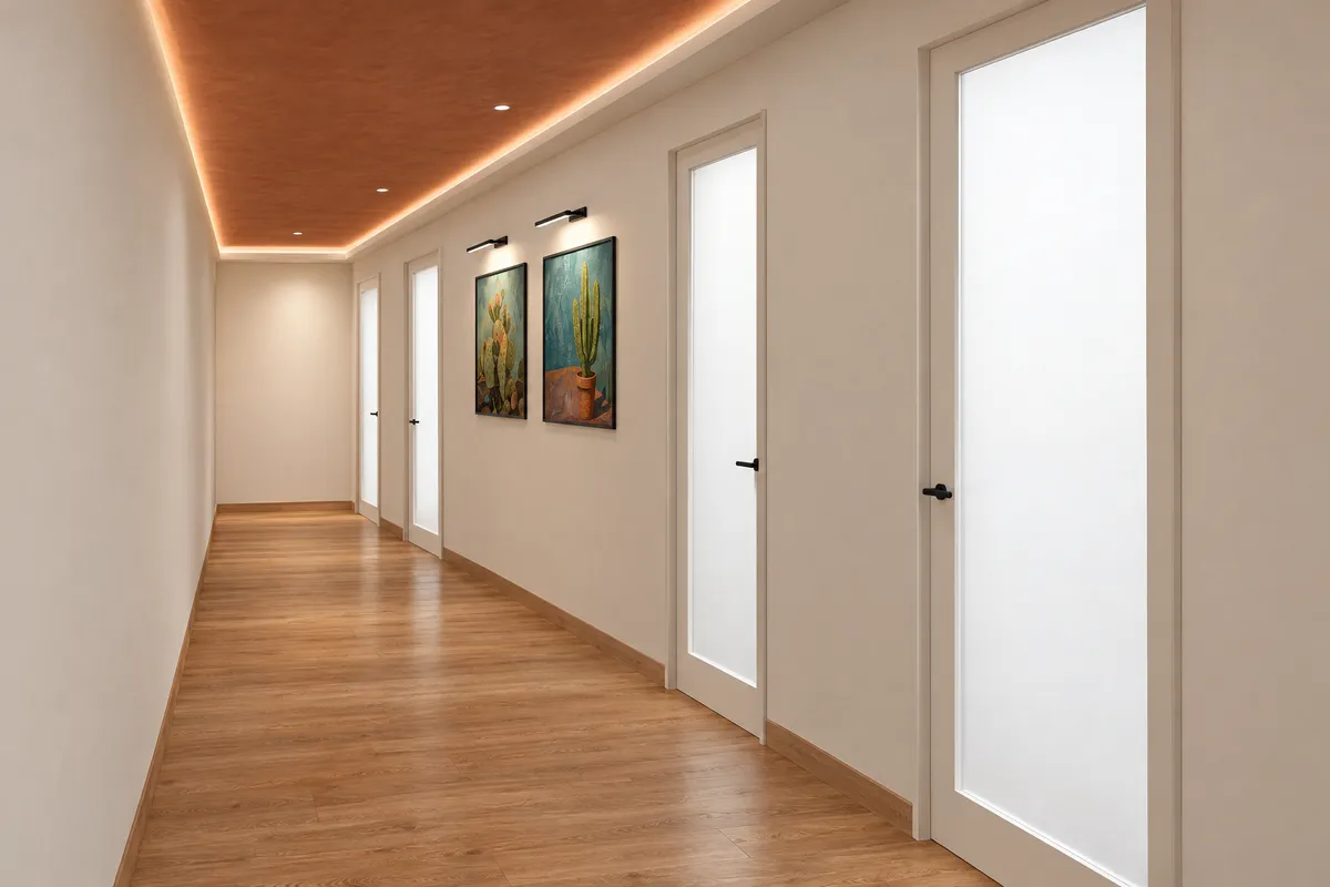 Looking down the hallway at Alta Medical, four frosted glass suite doors with two paintings between them