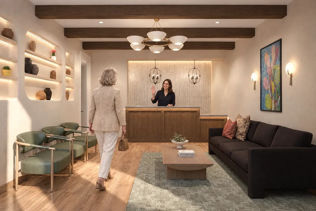 The front desk host waving to a patient walking into the Alta Medical reception