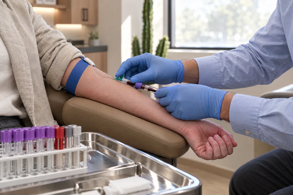 A physician's gloved hands drawing blood from a patient's arm in a treatment suite at Alta Medical