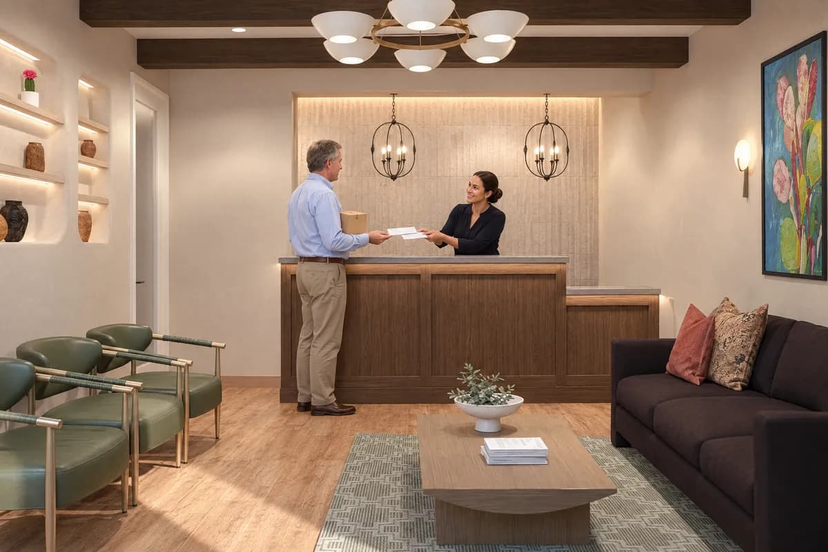 The front desk host handing a parcel and mail across the Alta Medical reception desk to a physician