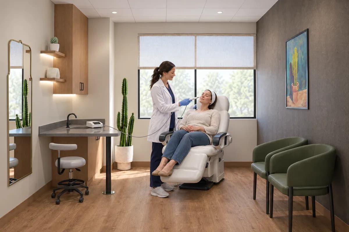 A dermatologist holding a microneedling pen beside a patient reclined in the procedure chair of an exam room at Alta Medical