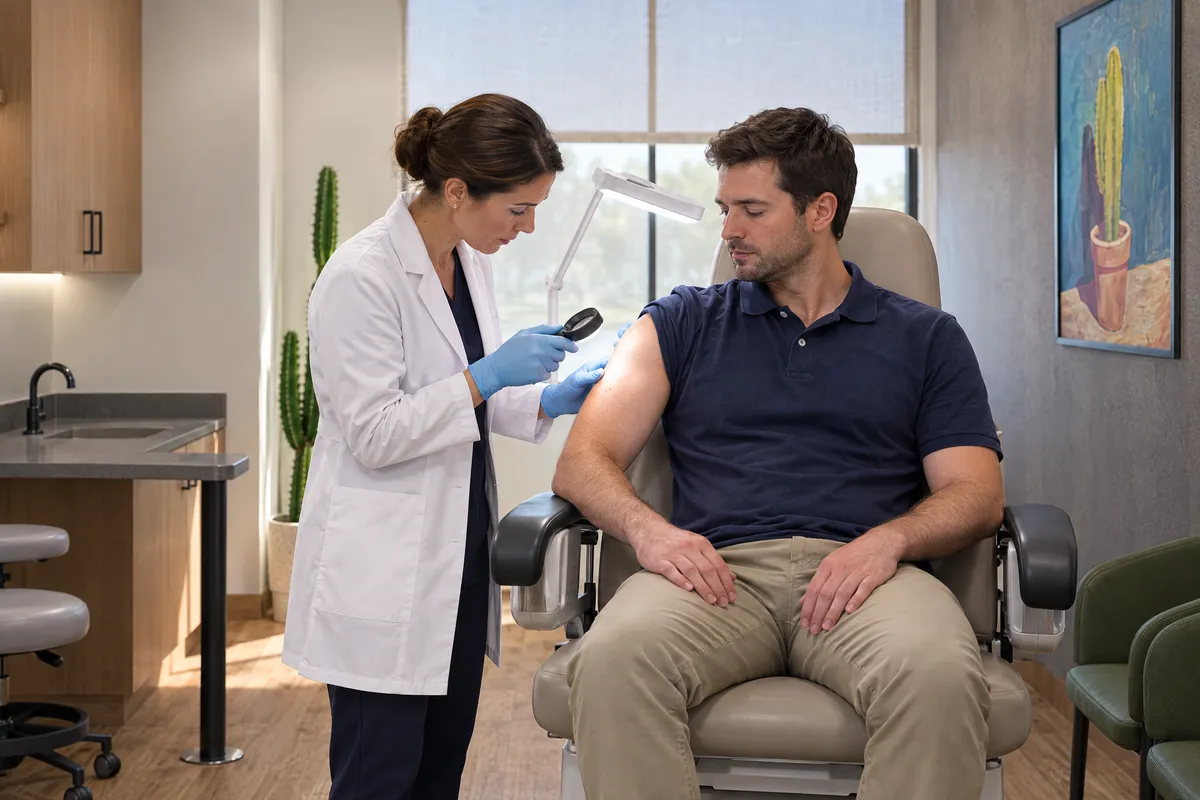 A dermatologist examining a patient's arm under a procedure light in a treatment suite at Alta Medical