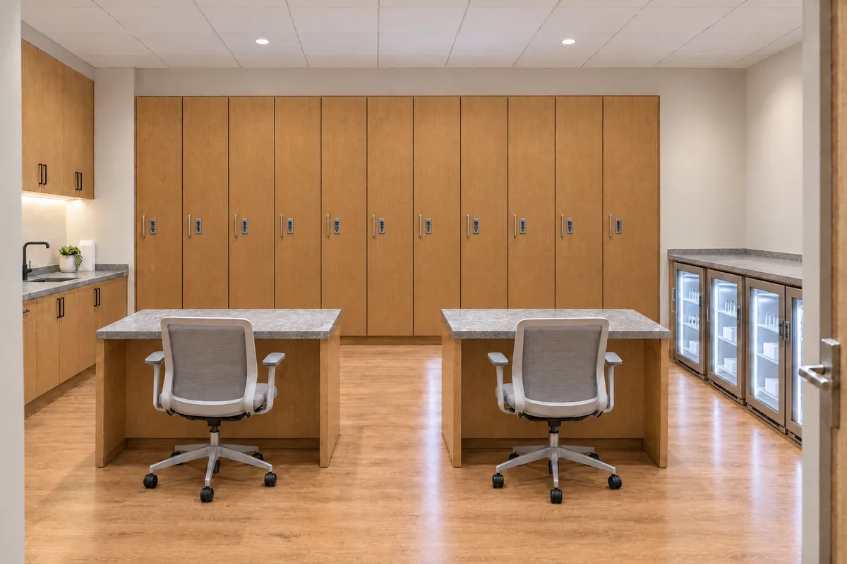 The providers room at Alta Medical, with a wall of keypad lockers and a row of locked refrigerators under the counter