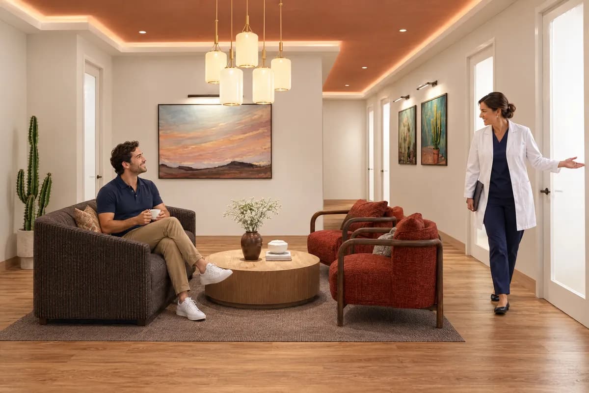 A dermatologist stepping into the Salon at Alta Medical to collect a waiting patient