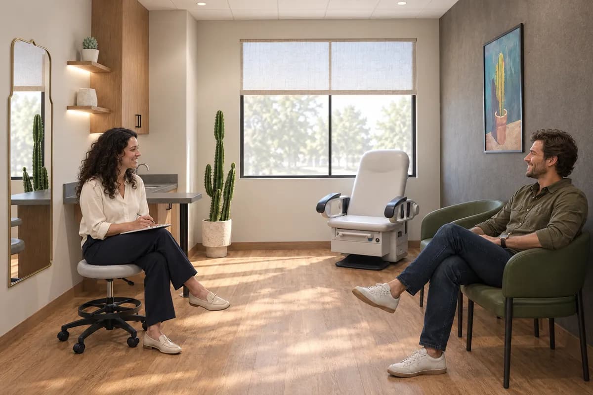 A practitioner and a patient in an easy conversation in a treatment suite at Alta Medical