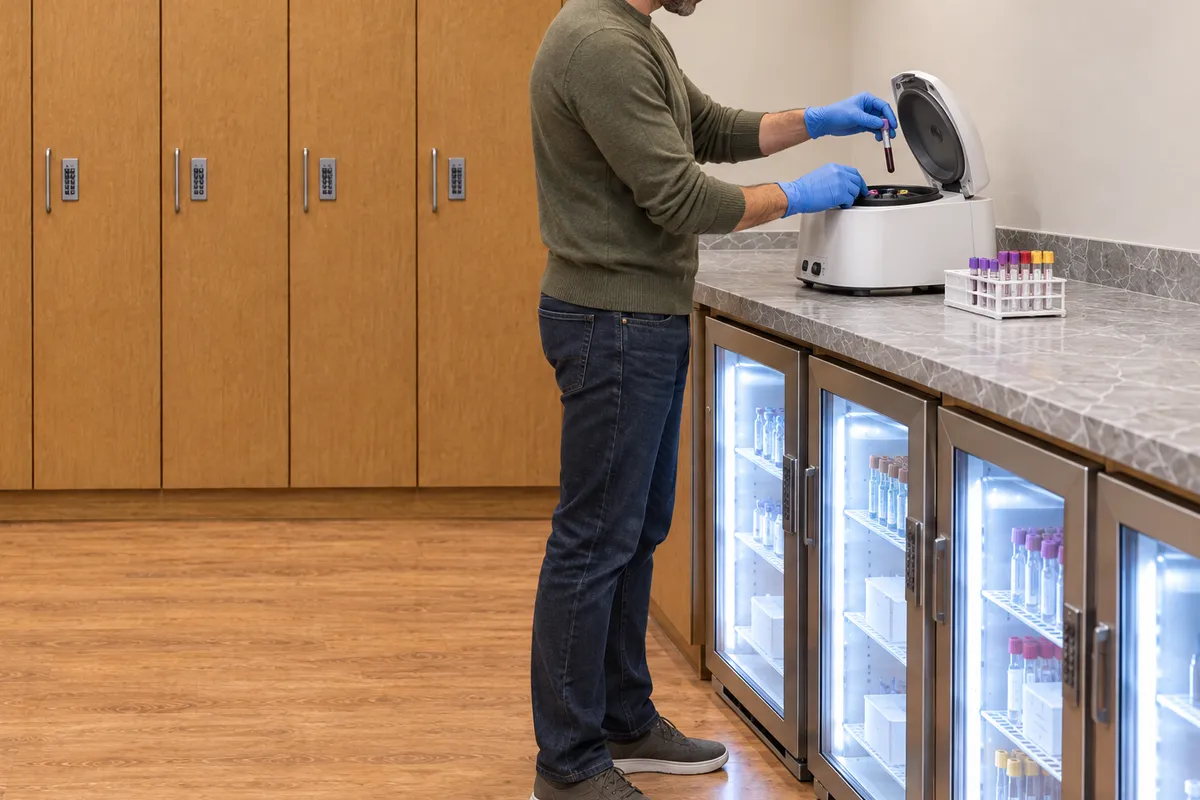 A practitioner loading blood tubes into a benchtop centrifuge on the counter of the providers room at Alta Medical, refrigerators below and lockers behind