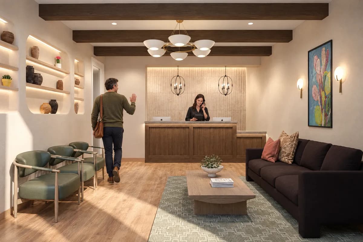 A practitioner waving to the front desk host on his way through the Alta Medical reception