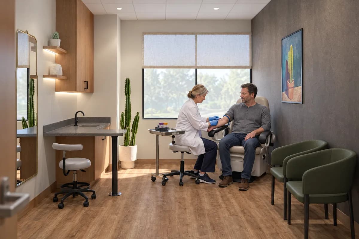 A physician drawing blood from a patient seated in the procedure chair in a treatment suite at Alta Medical