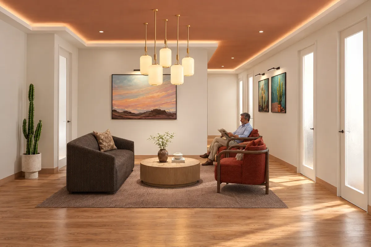 A single patient reading alone in an armchair in the Salon at Alta Medical