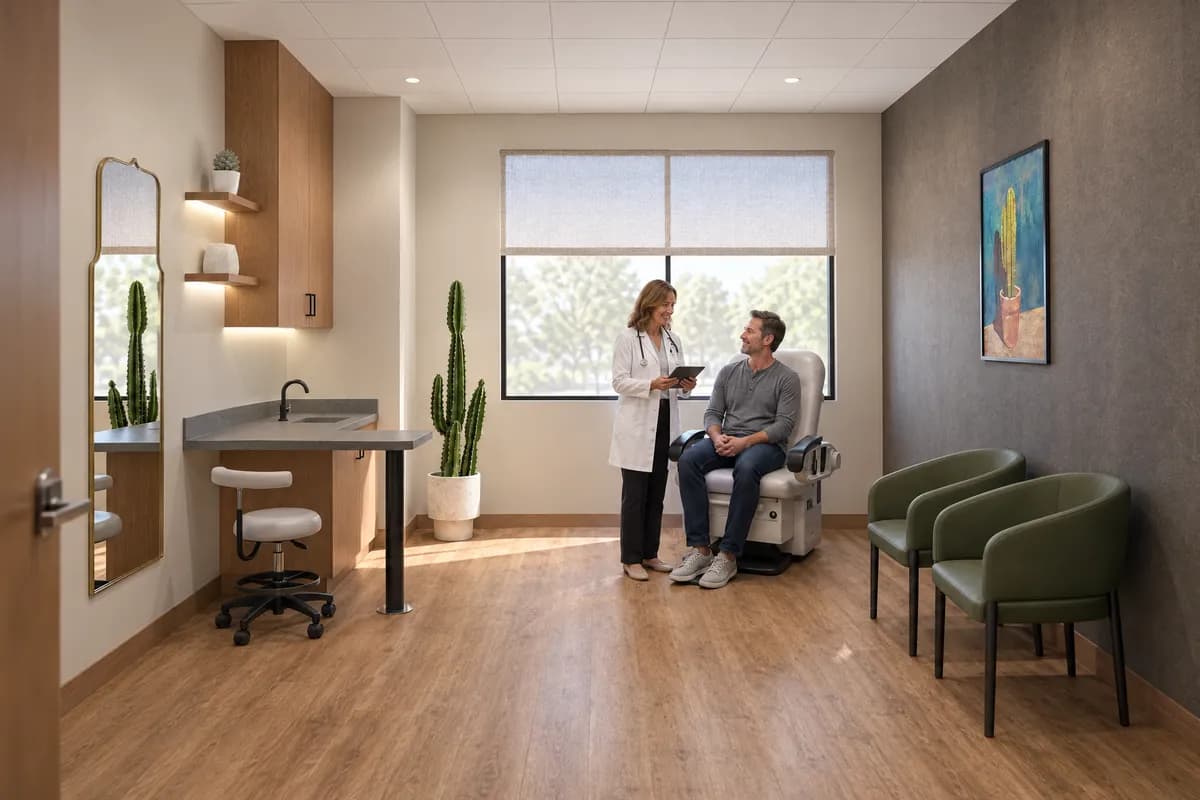A physician with a tablet beside a patient seated on the procedure chair after a quick recheck in a treatment suite at Alta Medical