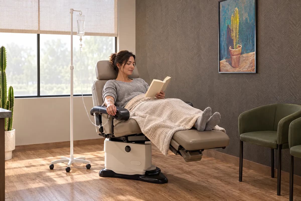 A patient reading under a blanket in the reclined procedure chair during an infusion at Alta Medical