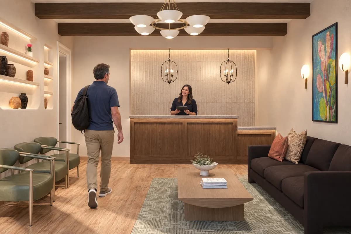The front desk host greeting a patient arriving at the Alta Medical reception desk
