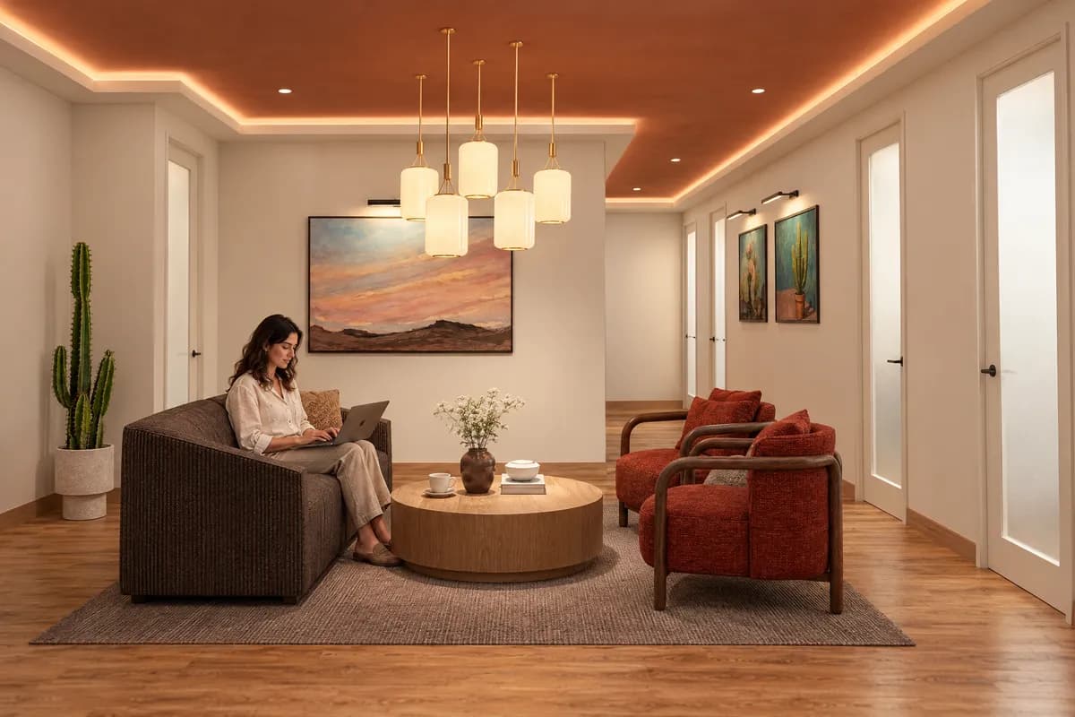 A woman working on a laptop on the sofa in the Salon at Alta Medical